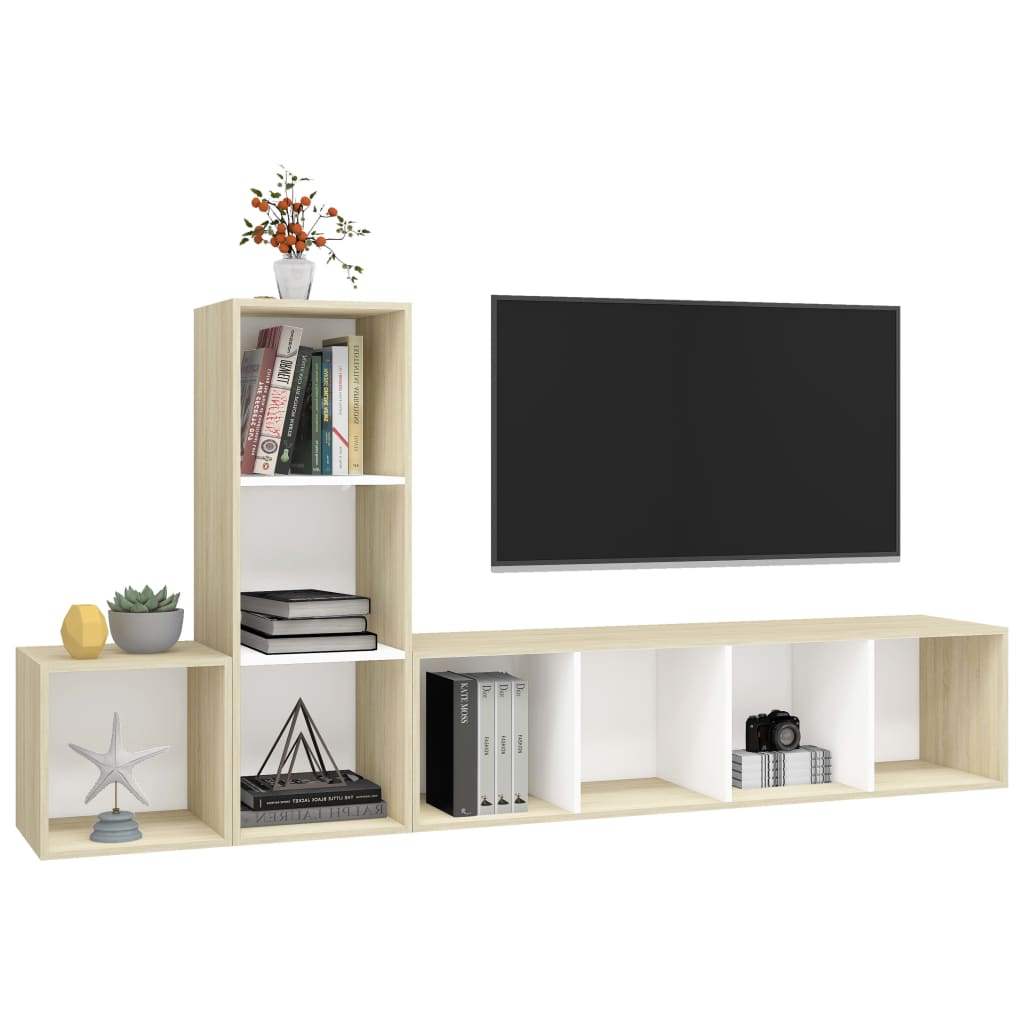 3 pcs conjunto móveis de TV contraplacado branco e carv. sonoma