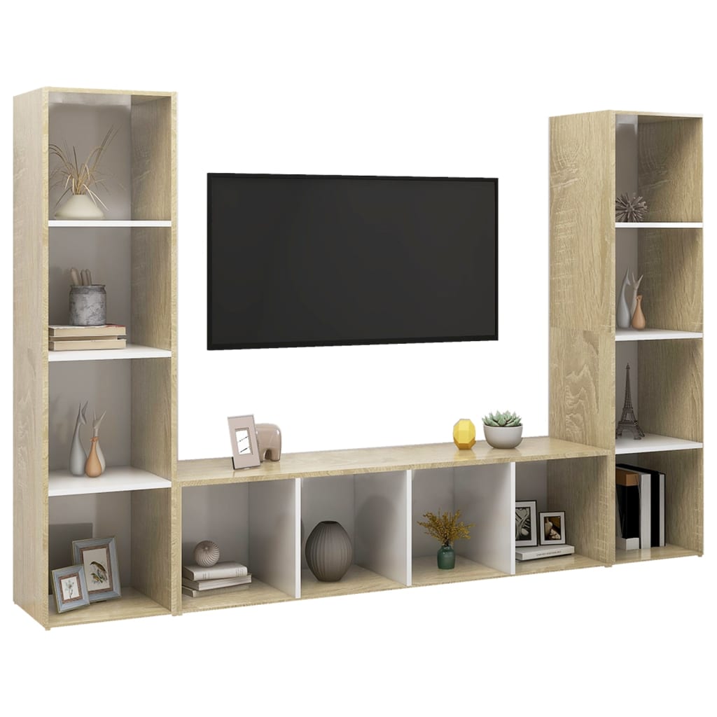 Móveis de TV 3pcs 142,5x35x36,5cm contrapl. branco/carv. sonoma