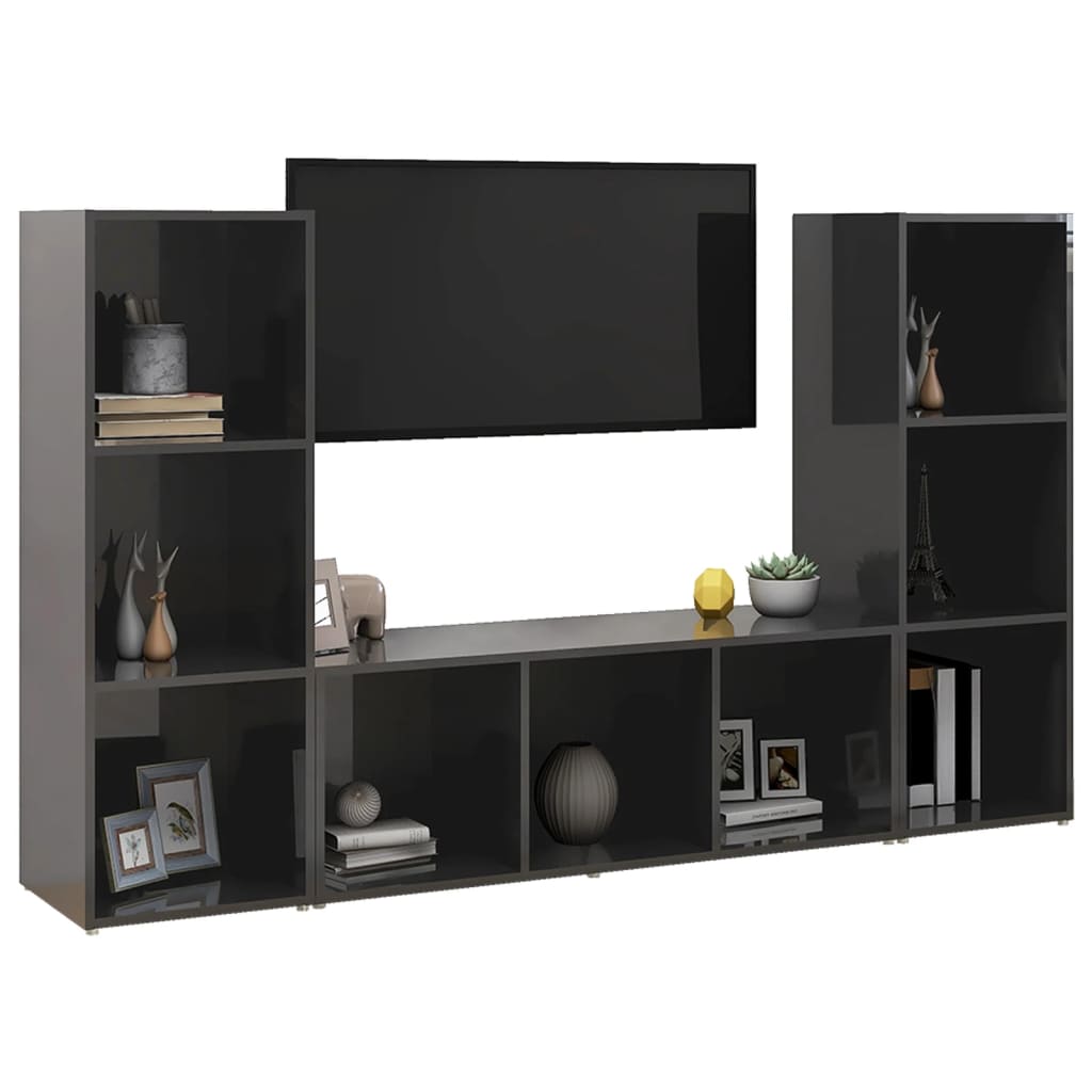 Móveis de TV 3 pcs 107x35x37 cm contraplacado cinza brilhante