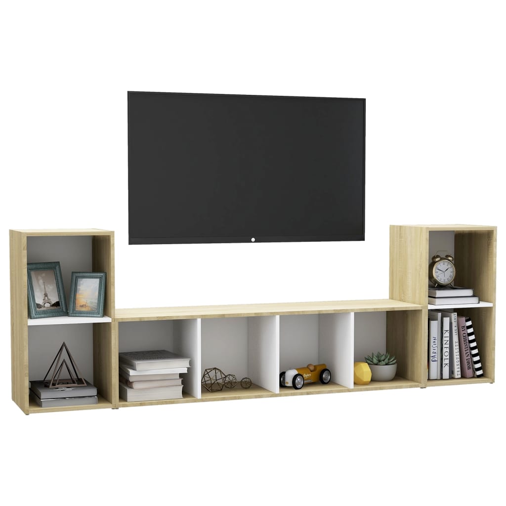 3 pcs conjunto móveis de TV contraplacado branco e carv. sonoma