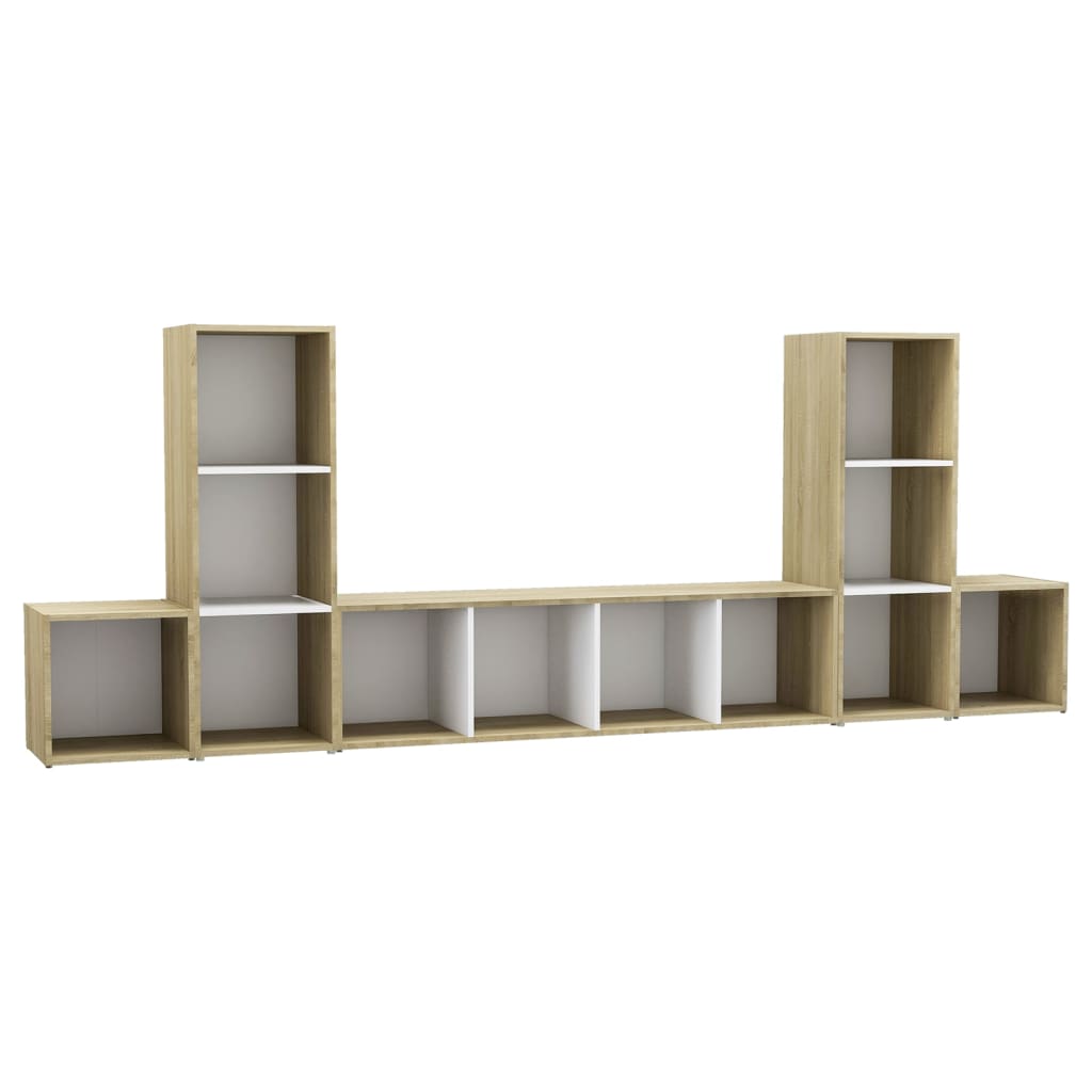 5 pcs conjunto móveis de TV contraplacado branco e carv. sonoma