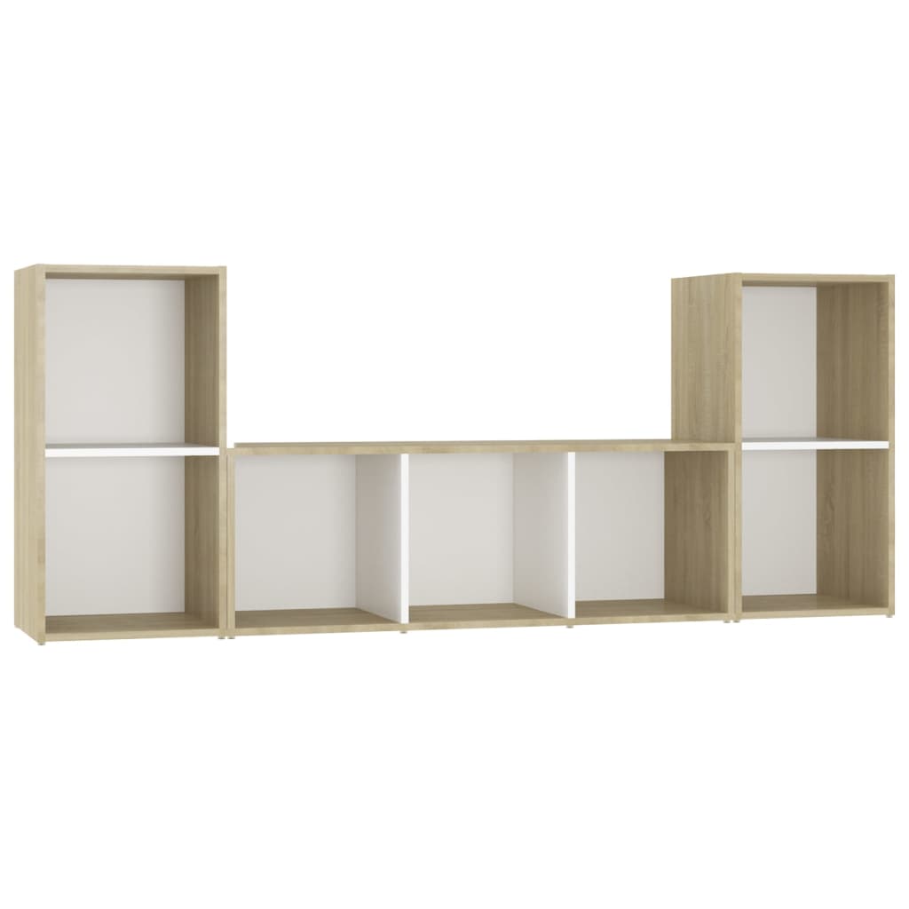 3 pcs conjunto móveis de TV contraplacado branco e carv. sonoma