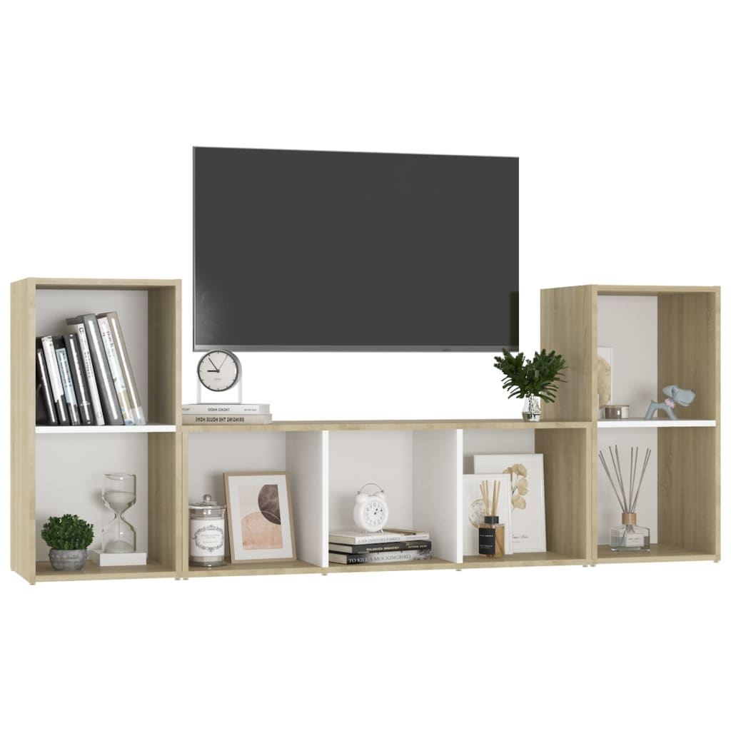 3 pcs conjunto móveis de TV contraplacado branco e carv. sonoma