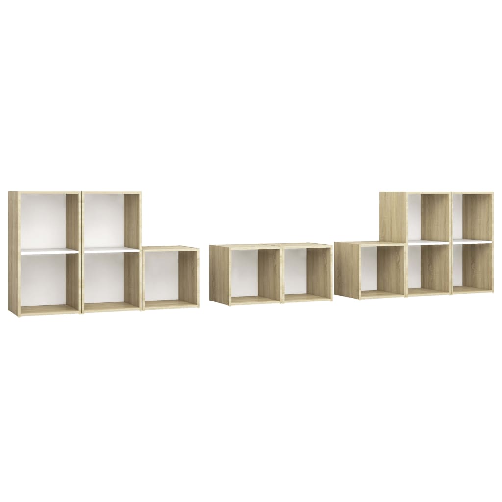 8 pcs conjunto móveis de TV contraplacado branco e carv. sonoma