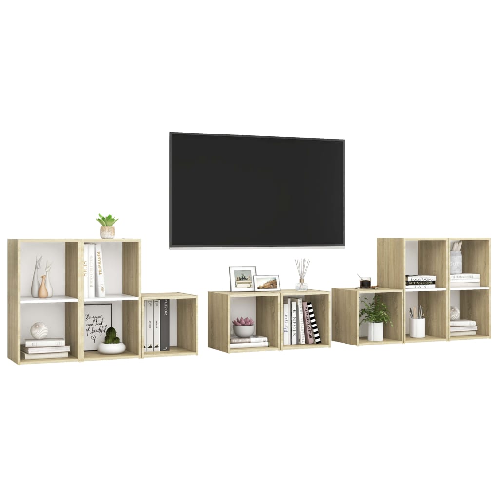 8 pcs conjunto móveis de TV contraplacado branco e carv. sonoma