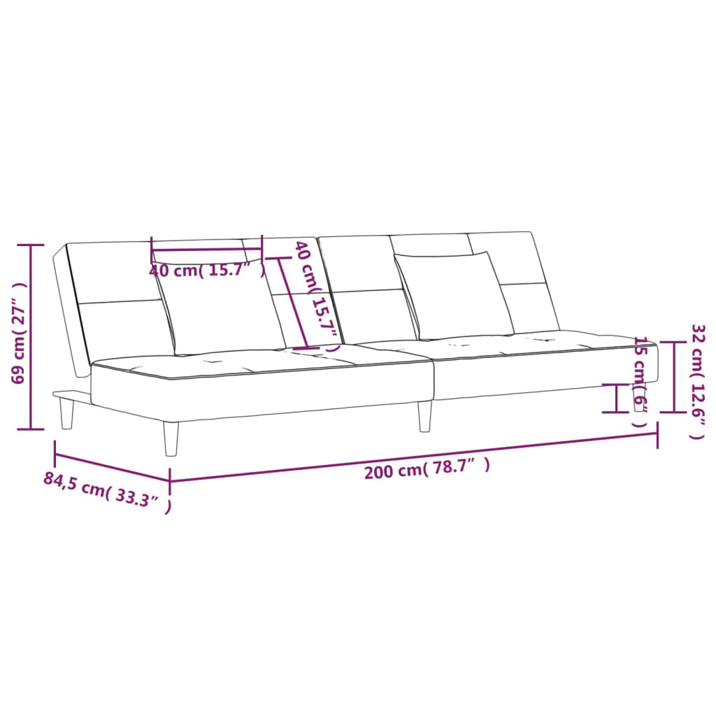 Sofá-cama 2 lugares com duas almofadas veludo cinzento-escuro