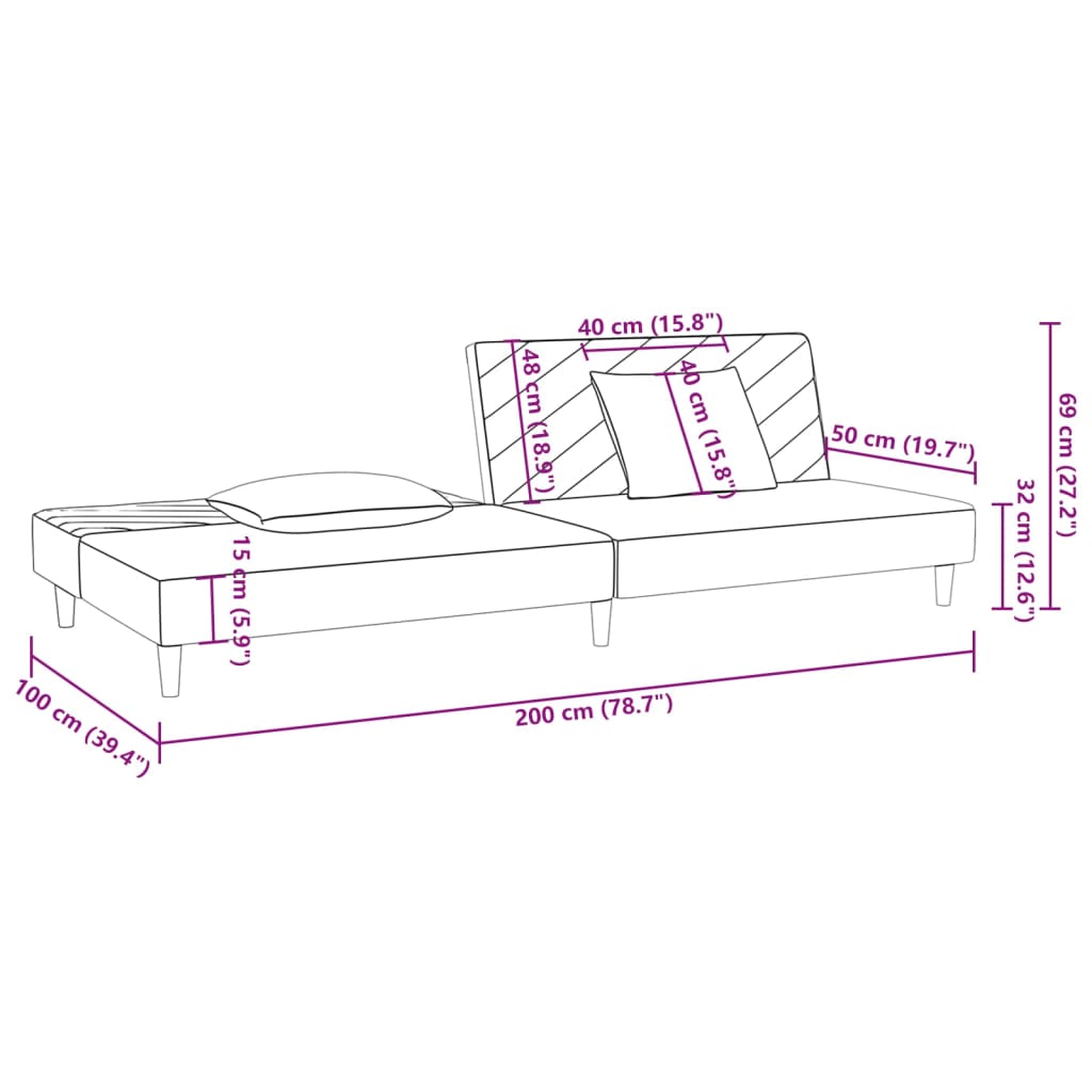 Sofá-cama 2 lugares com duas almofadas veludo cinzento-claro