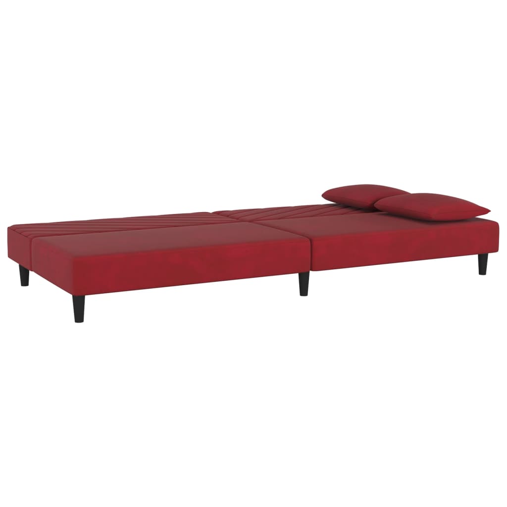 Sofá-cama 2 lugares com duas almofadas veludo vermelho tinto