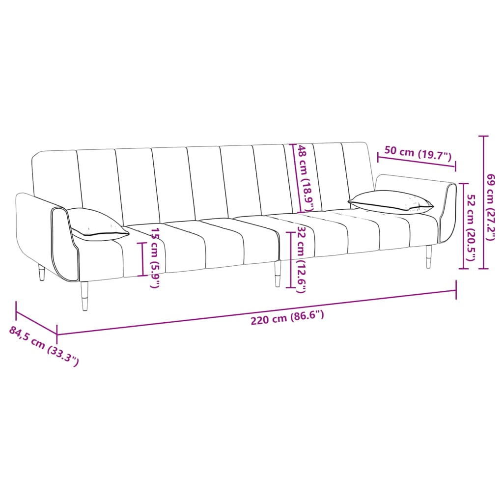 Sofá-cama 2 lugares c/ banco e 2 almofadas veludo cinza-claro