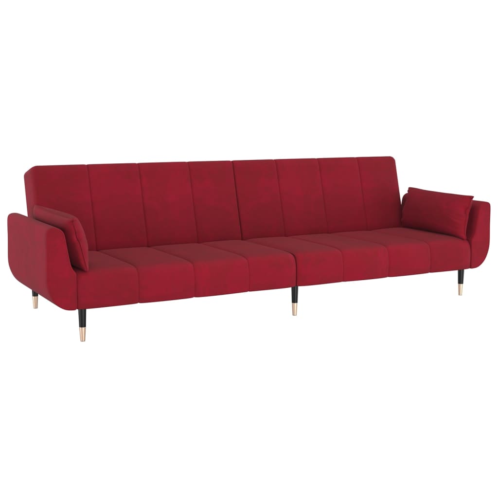 Sofá-cama 2 lug. banco e duas almofadas veludo vermelho tinto