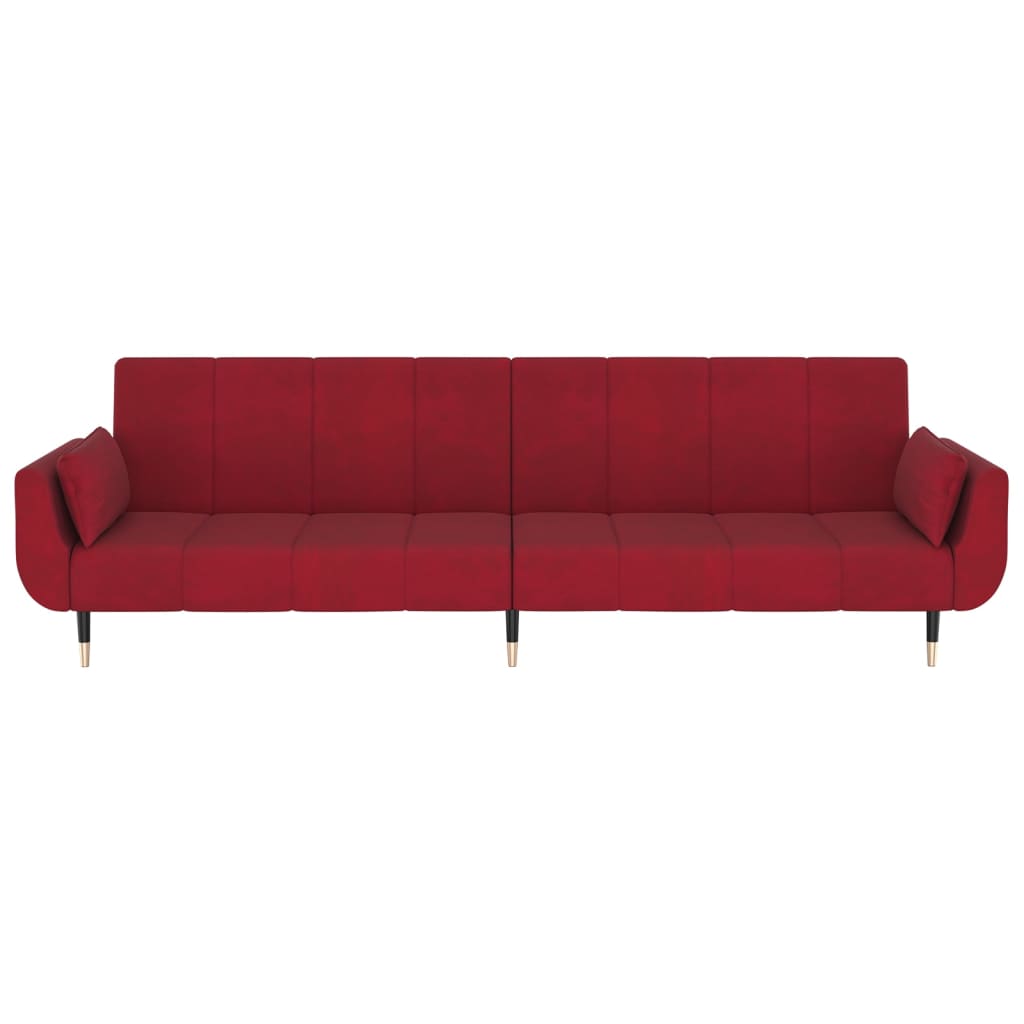 Sofá-cama 2 lug. banco e duas almofadas veludo vermelho tinto