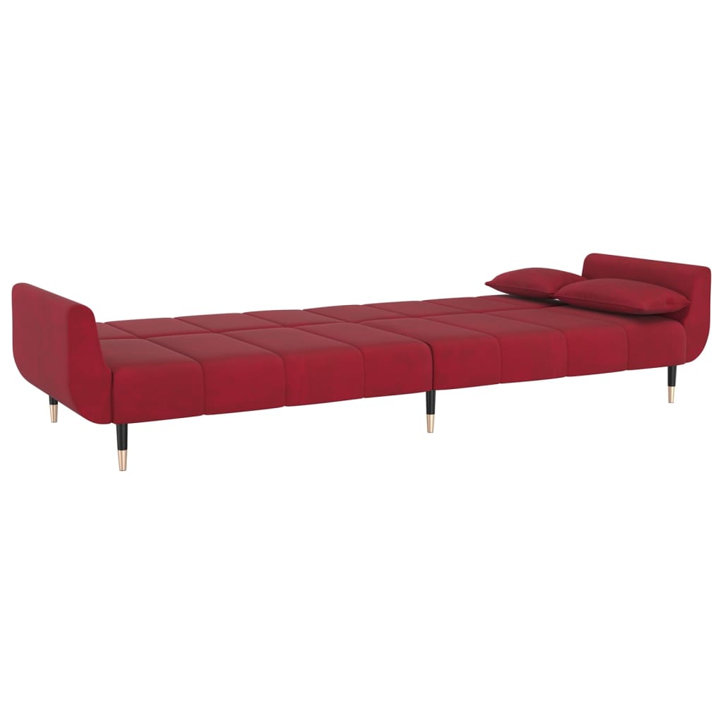 Sofá-cama 2 lug. banco e duas almofadas veludo vermelho tinto