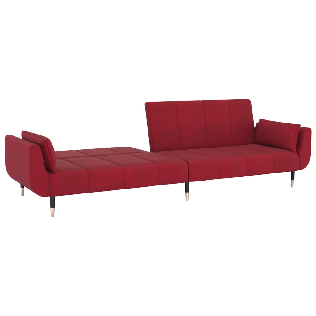 Sofá-cama 2 lug. banco e duas almofadas veludo vermelho tinto