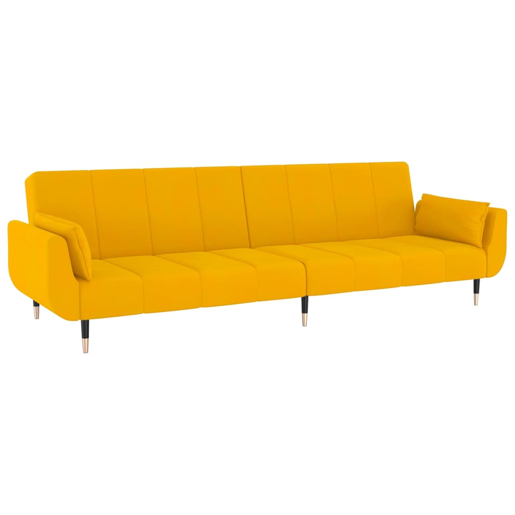 Sofá-cama de 2 lugares com banco/2 almofadões veludo amarelo