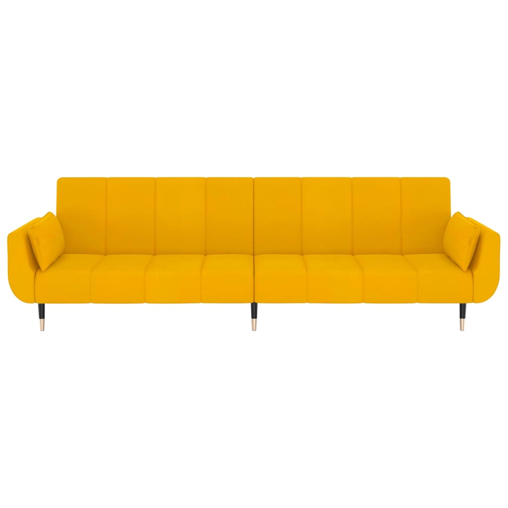 Sofá-cama de 2 lugares com banco/2 almofadões veludo amarelo