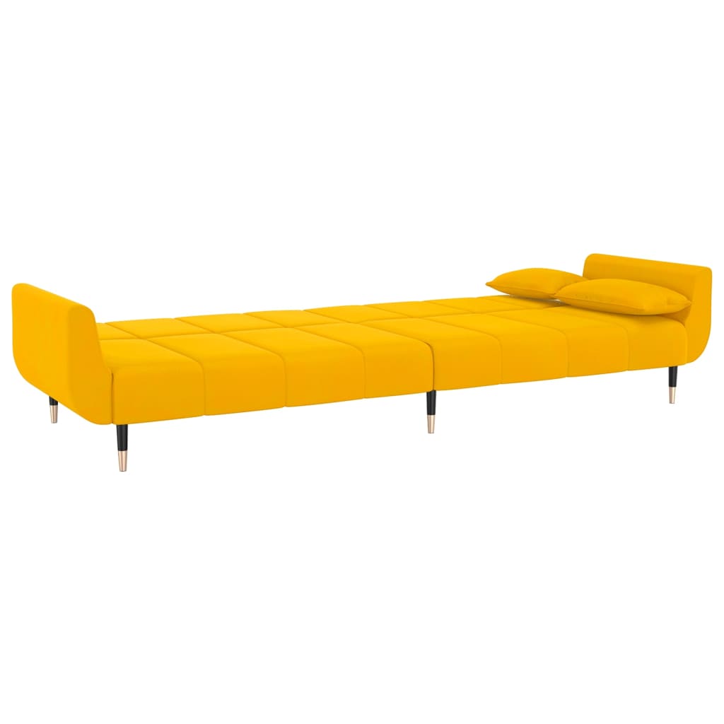 Sofá-cama de 2 lugares com banco/2 almofadões veludo amarelo