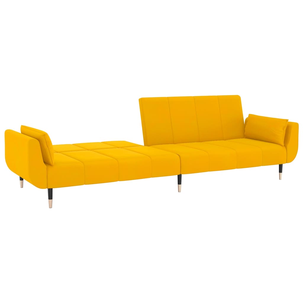 Sofá-cama de 2 lugares com banco/2 almofadões veludo amarelo