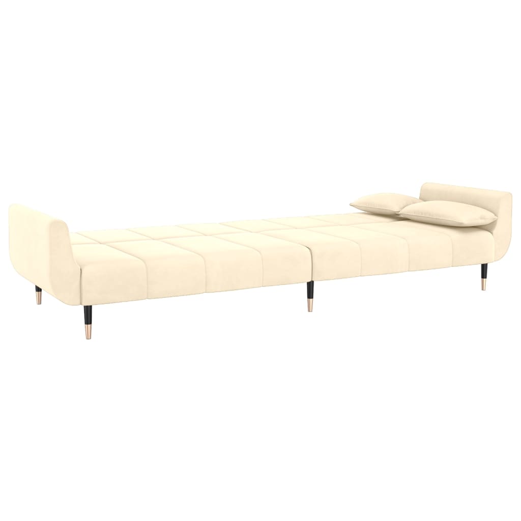 Sofá-cama de 2 lugares com banco/2 almofadões veludo cor creme