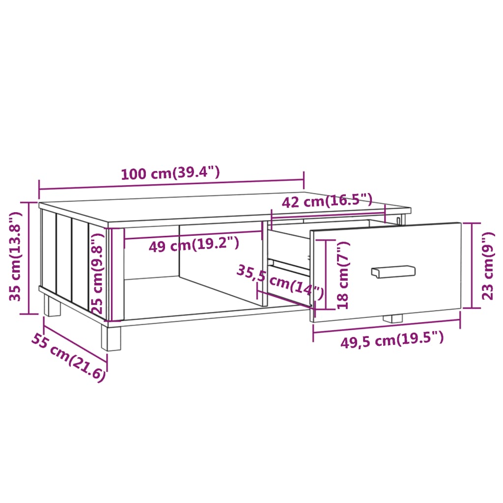 Mesa de centro HAMAR 100x55x35 cm pinho maciço cinza-escuro