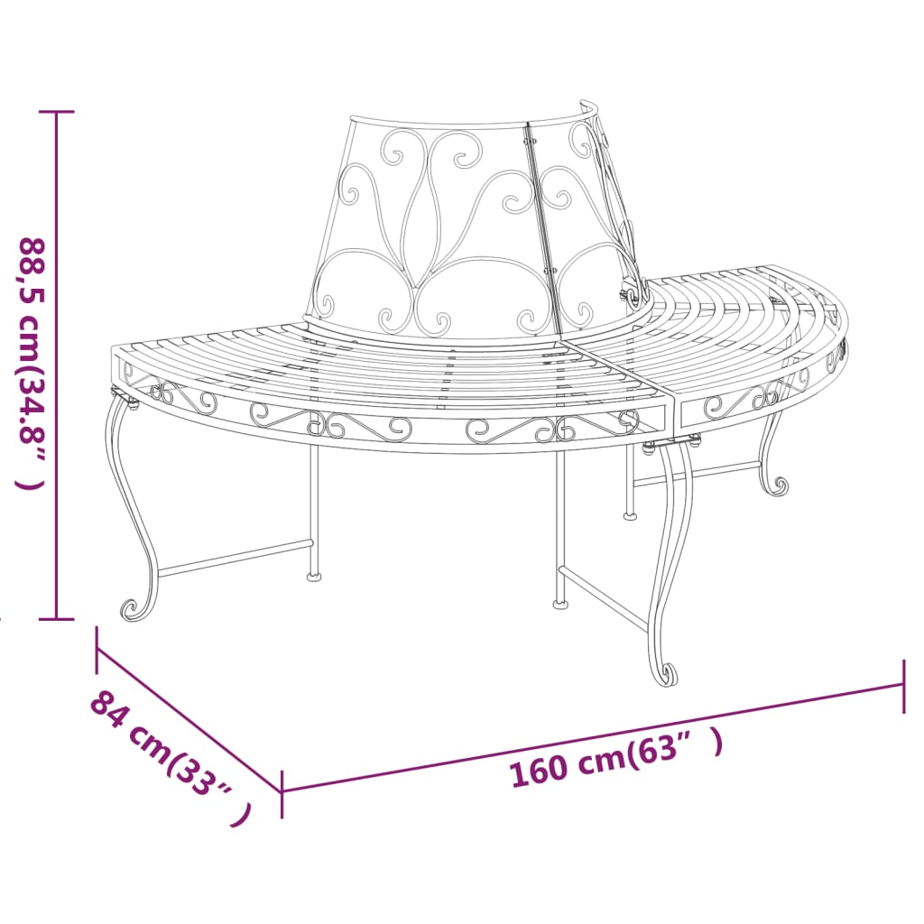 Banco de árvore semicircular 2 pcs Ø160 cm aço preto