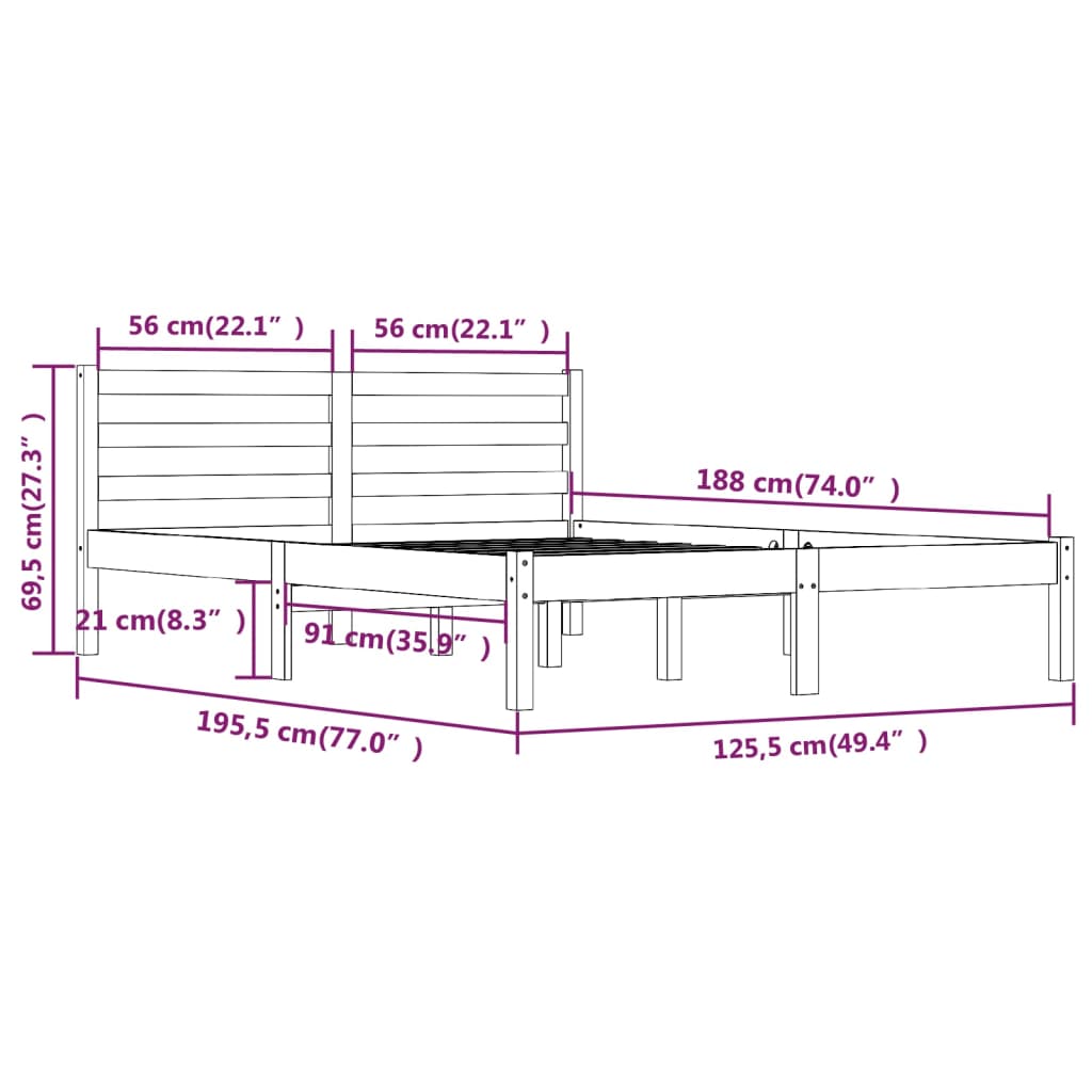 Estrutura de cama pequena casal 120x190 cm pinho maciço cinza