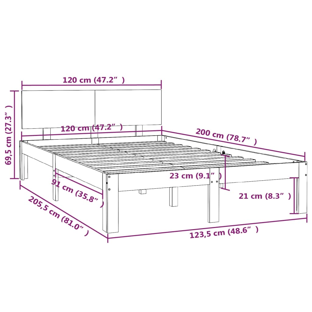 Estrutura de cama 120x200 cm pinho maciço cinzento