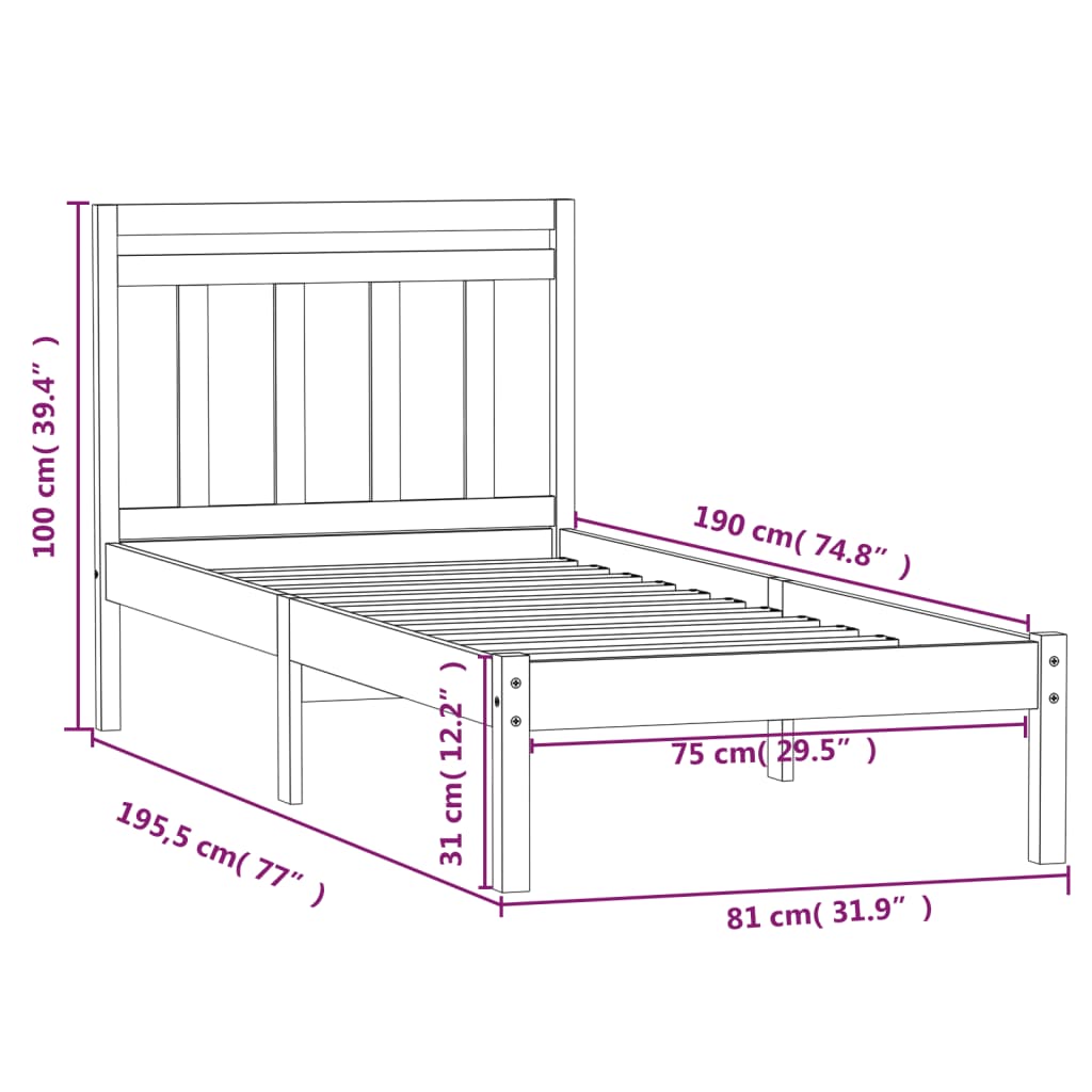 Estrutura de cama pequena solteiro 75x190 cm madeira maciça