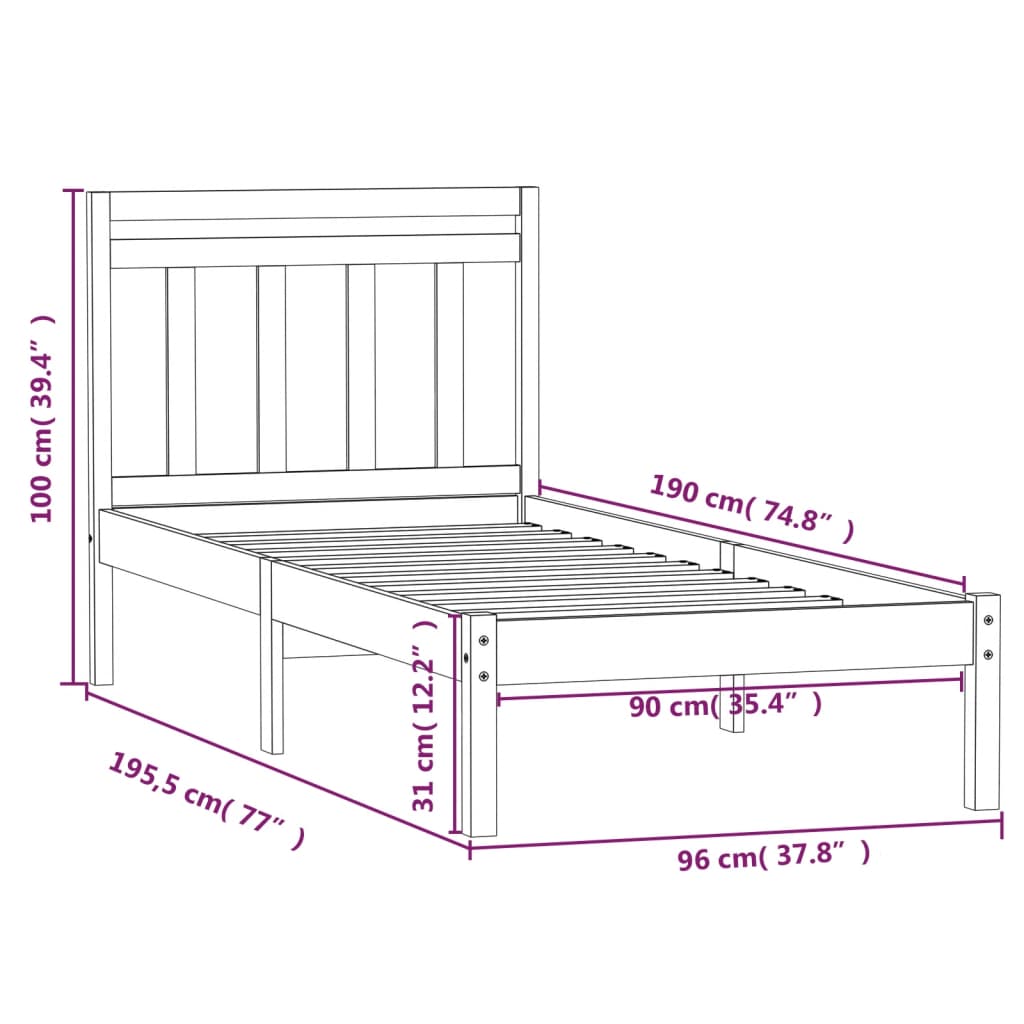 Estrutura de cama solteiro 90x190 cm madeira maciça branco