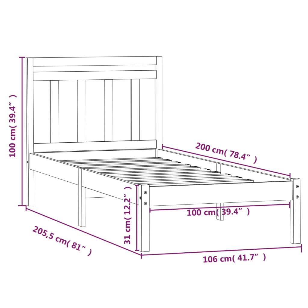 Estrutura de cama 100x200 cm pinho maciço branco