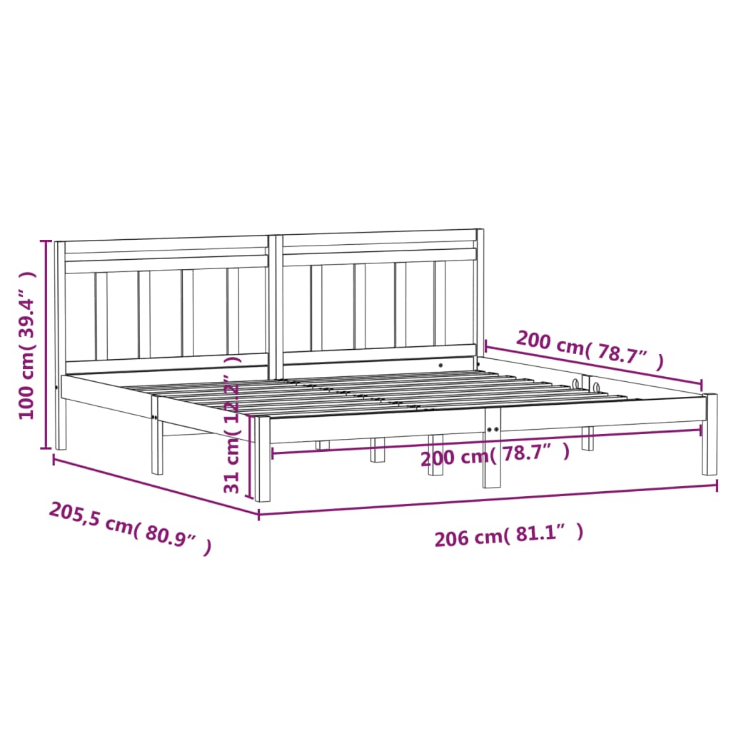 Estrutura de cama 200x200 cm madeira de pinho maciça