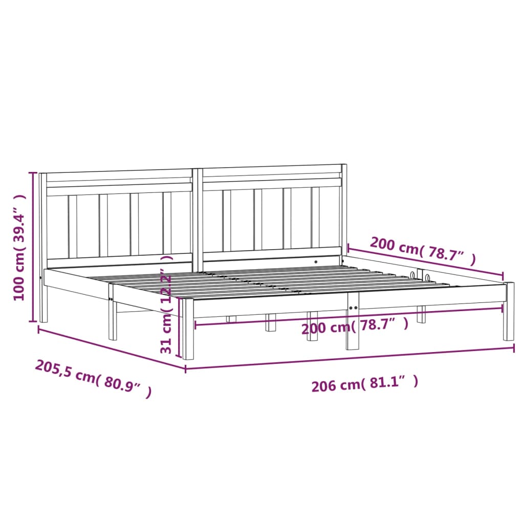 Estrutura de cama 200x200 cm pinho maciço preto