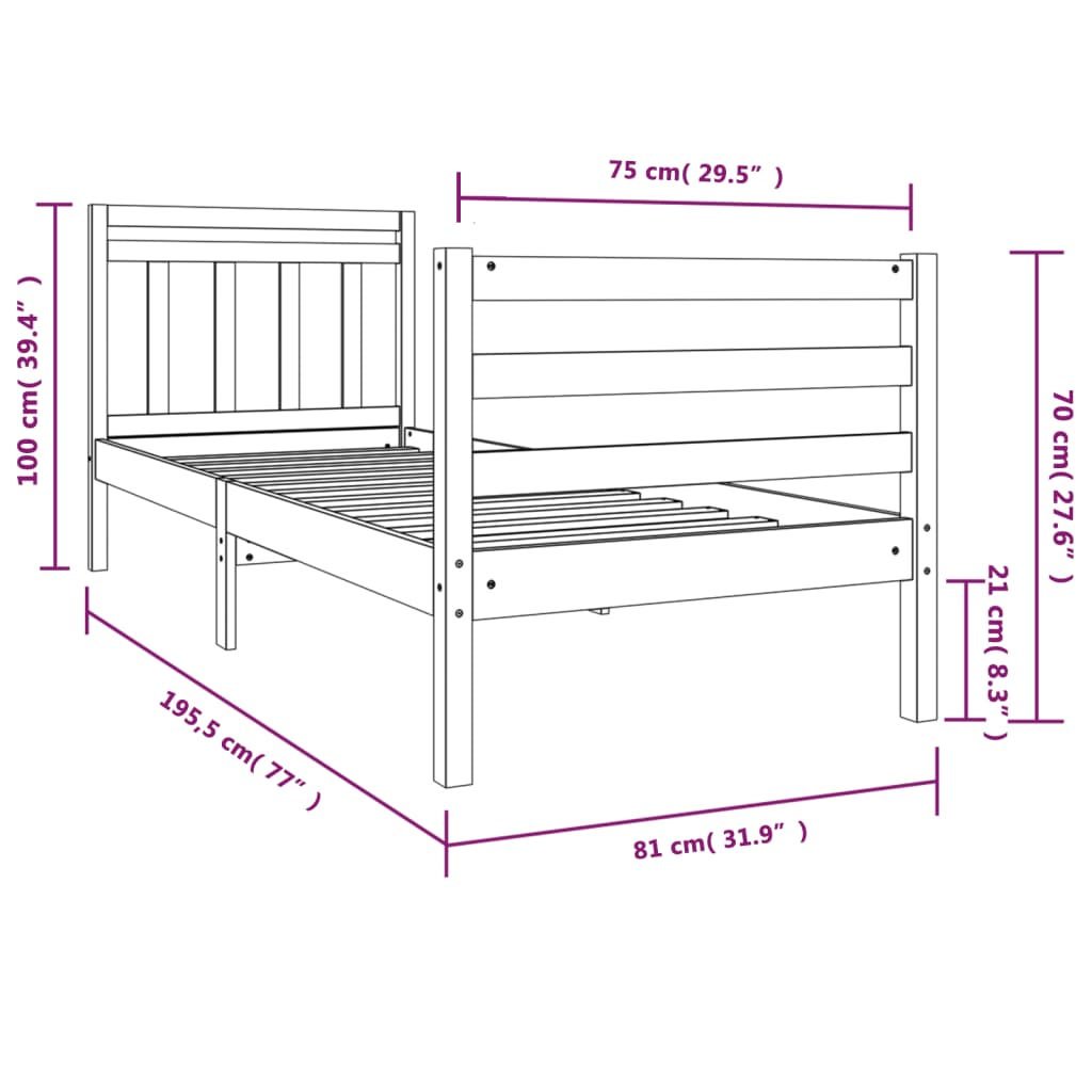 Estrutura de cama pequena solteiro 75x190 cm madeira maciça