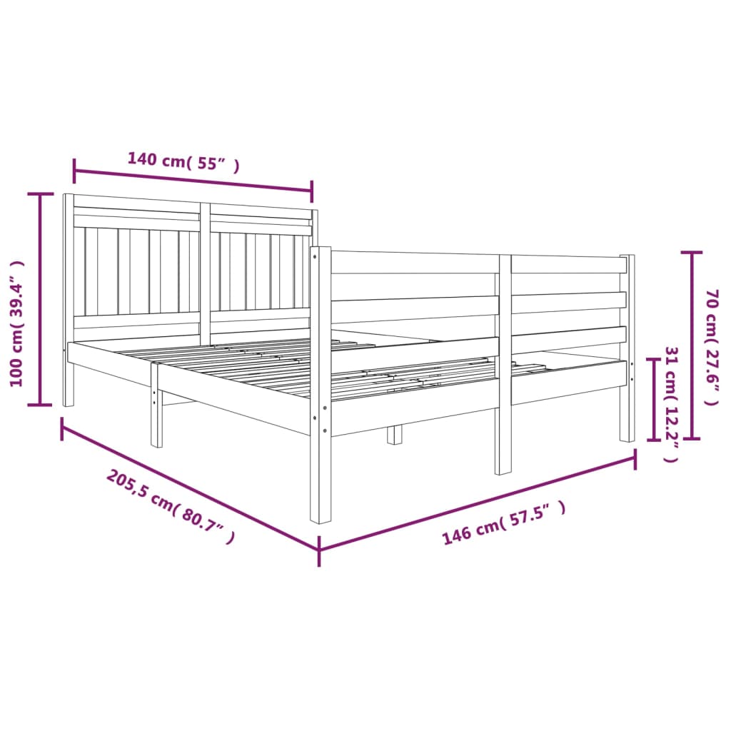 Estrutura de cama 140x200 cm madeira maciça castanho-mel