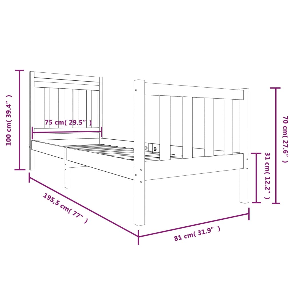 Estrutura de cama pequena solteiro 75x190 cm madeira maciça