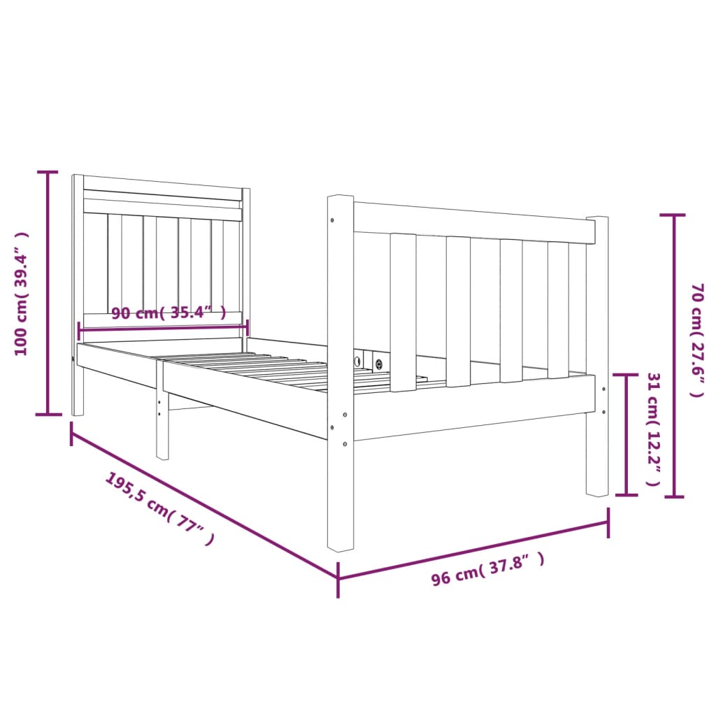 Estrutura de cama solteiro 90x190 cm madeira maciça preto