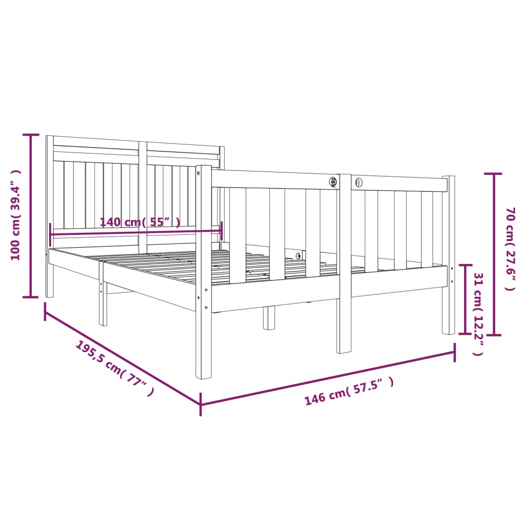 Estrutura de cama 140x190 cm madeira maciça branco