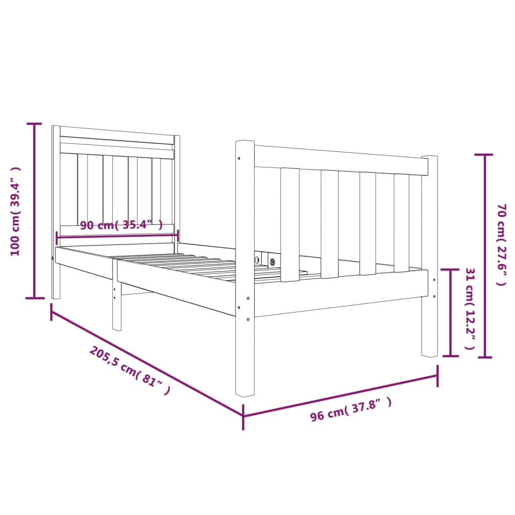 Estrutura de cama 90 x 200 cm madeira maciça