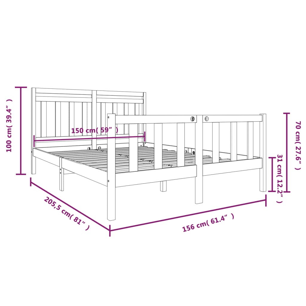 Estrutura de cama king 150x200 cm madeira maciça cinzento