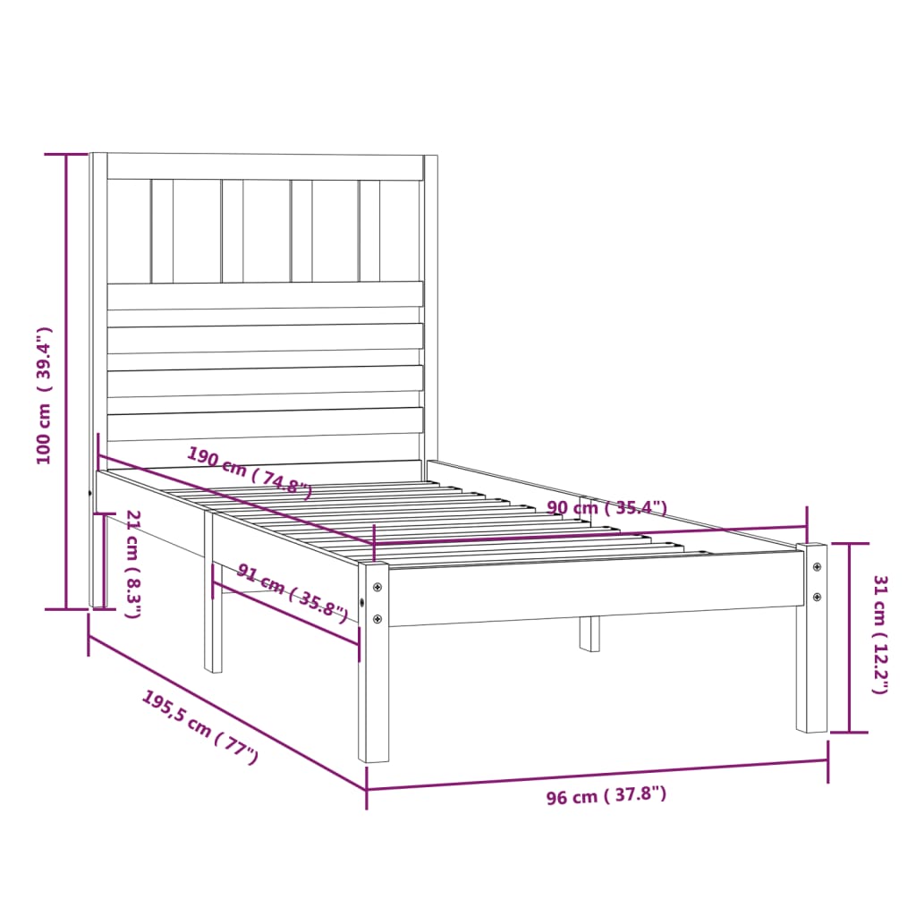 Estrutura de cama de solteiro 90x190 cm pinho maciço