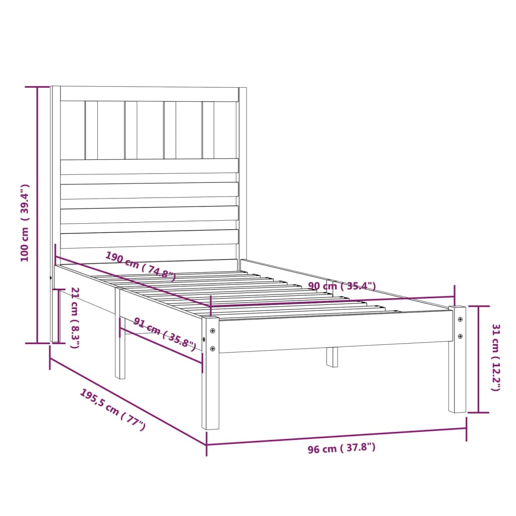 Estrutura de cama de solteiro 90x190 cm pinho maciço branco