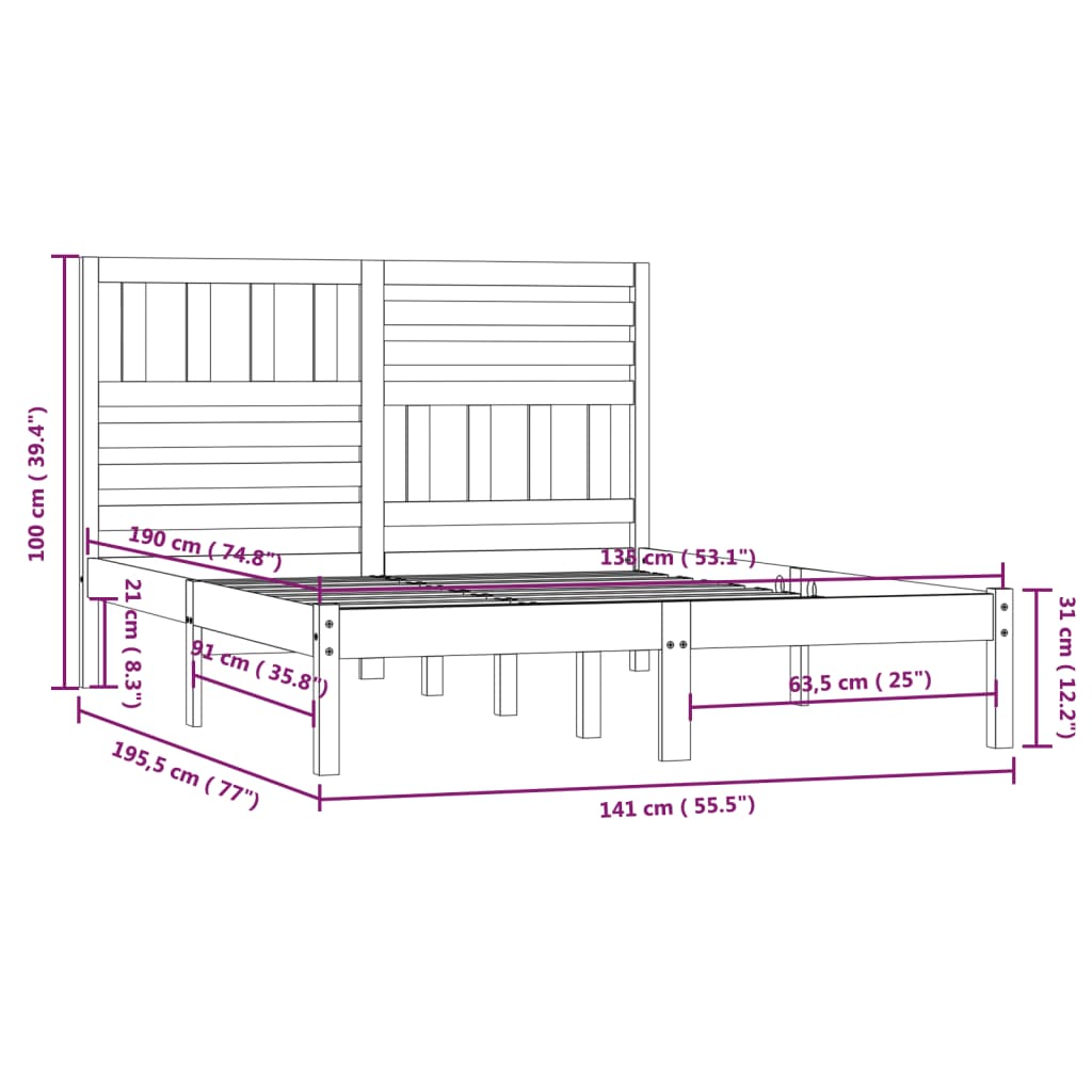 Estrutura de cama de casal 135x190 cm pinho maciço