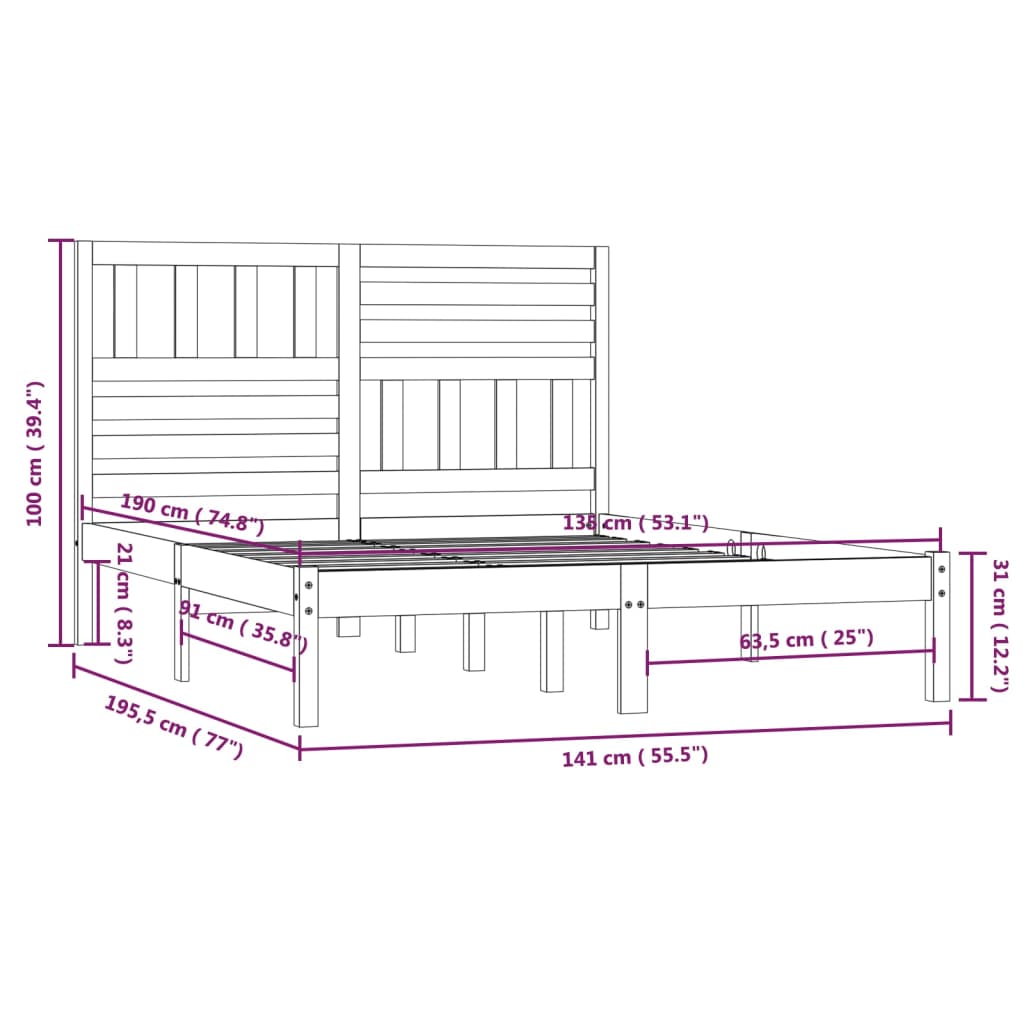 Estrutura de cama de casal 135x190 cm pinho maciço preto