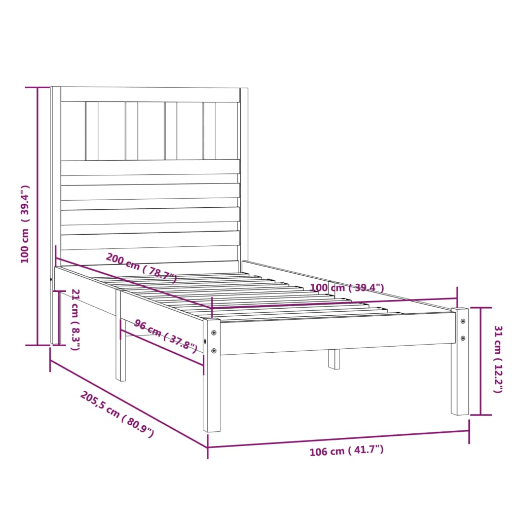 Estrutura de cama 100x200 cm pinho maciço