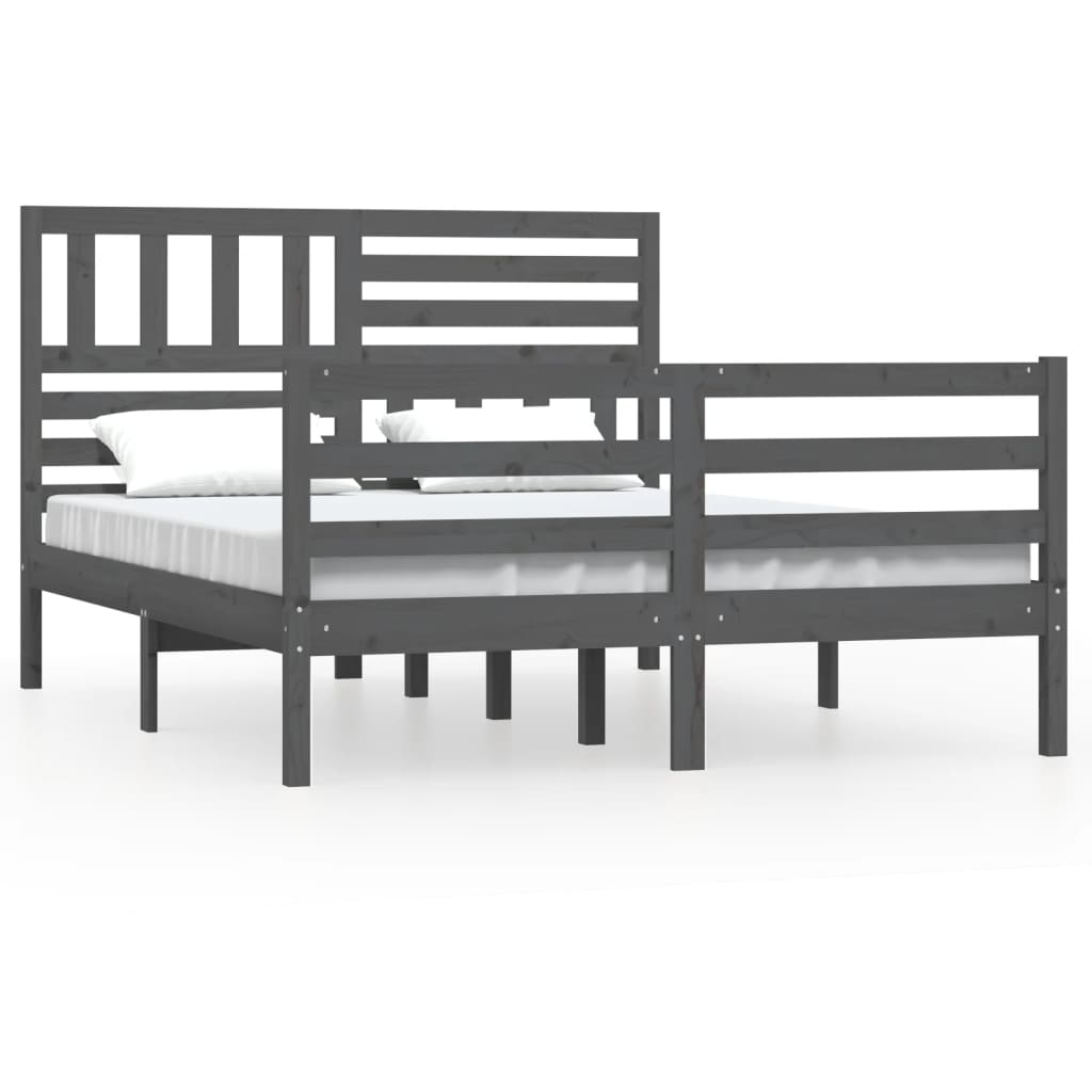 Estrutura de cama casal 135x190 cm madeira maciça cinzento