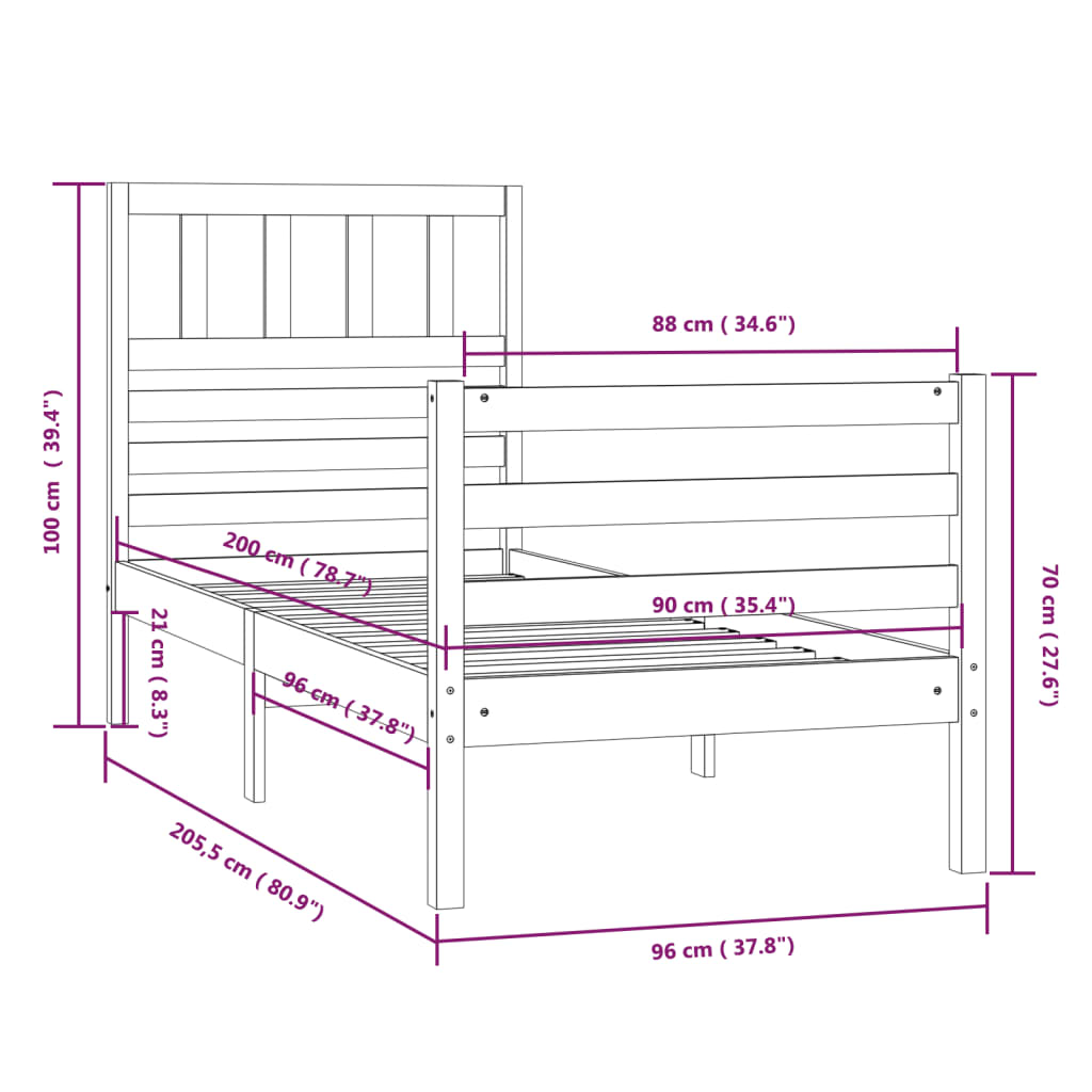 Estrutura de cama 90x200 cm madeira maciça branco