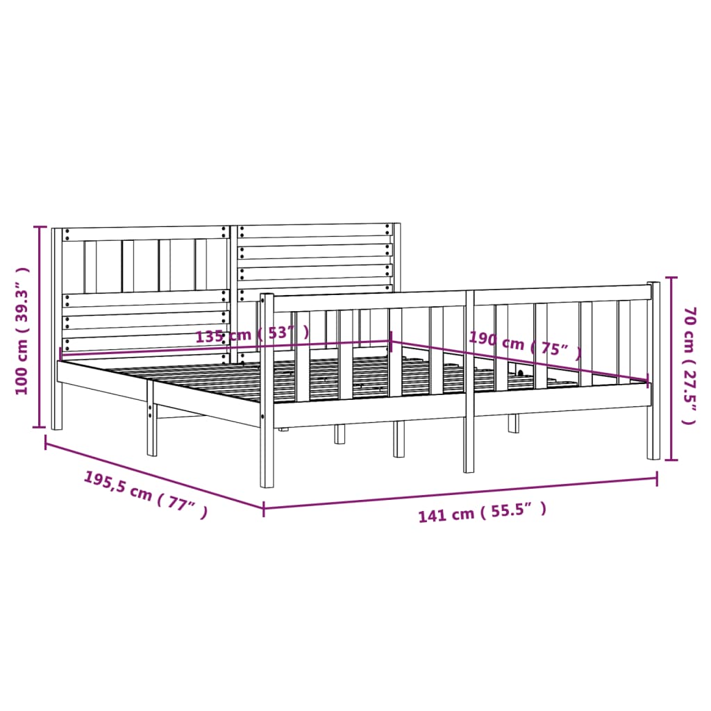 Estrutura de cama casal 135x190 cm madeira maciça cinzento