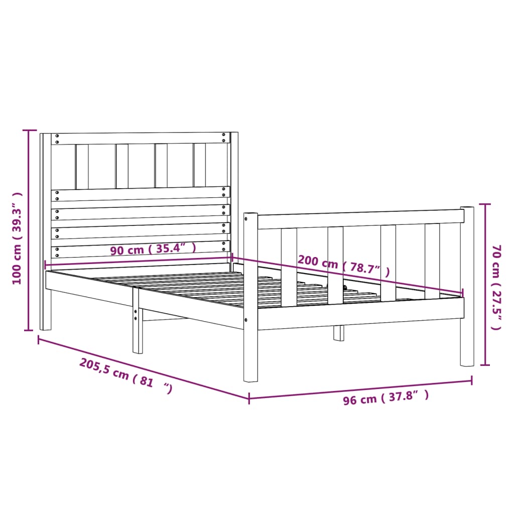 Estrutura de cama 90 x 200 cm madeira maciça