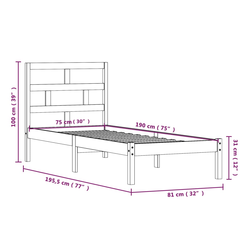 Estrutura de cama pequena solteiro 75x190 cm madeira maciça