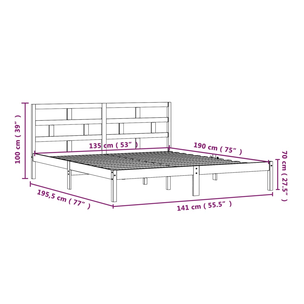 Estrutura de cama casal 135x190 cm madeira maciça cinzento