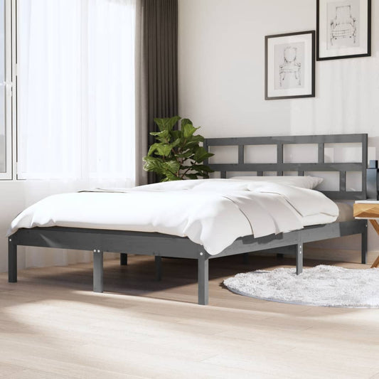 Estrutura de cama casal 135x190 cm madeira maciça cinzento